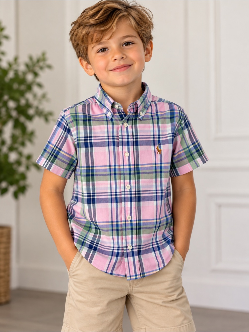 Polo by Ralph Lauren Pink, Blue & Green Plaid Short-Sleeve Button-Down Shirt